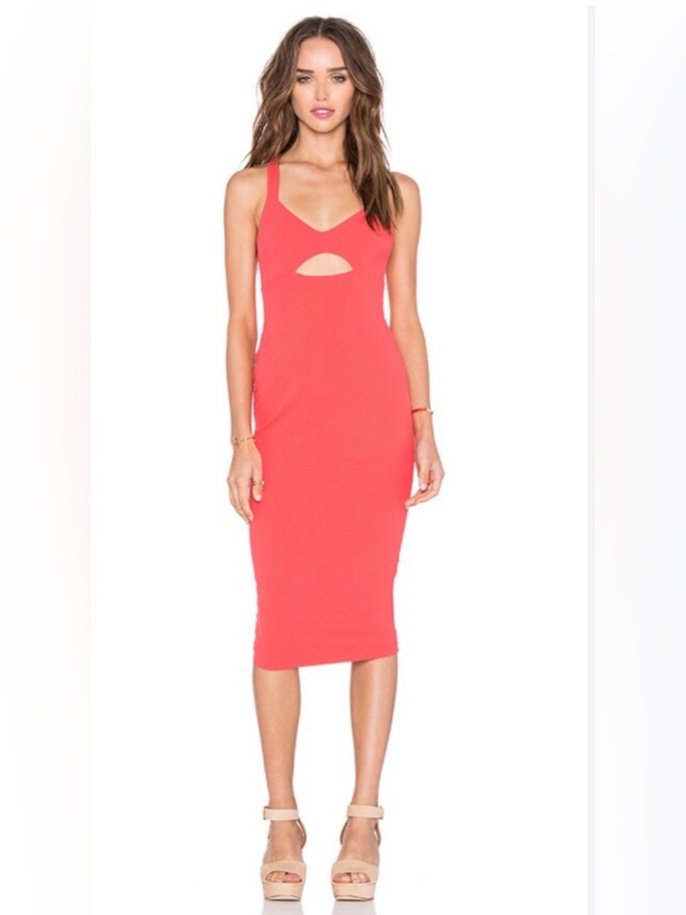Nookie DONNA Coral Cutout Bodycon Midi Dress Size S Revolve